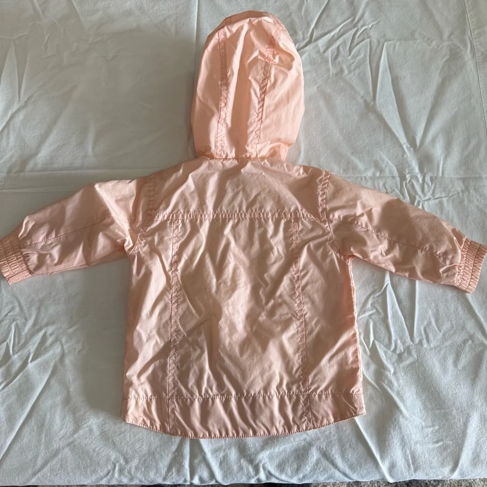 Falls Creek Peach Hooded Girls Raincoat Embroidered Flowers Pockets Size 18 Mo